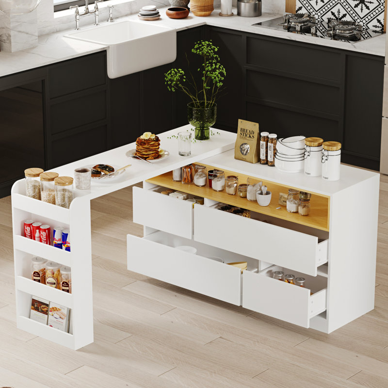 Kitchen Island With Movable Dining Table And Strong Storage